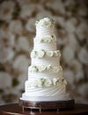 Wedding Theme, Multi-tiered intricate completely white only wedding cake with delicate white roses and green leaves, detailed Royalty Free Stock Photo