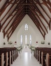 Wedding Theme, Wide angle picture of empty church with arched ceiling with wooden beams, stained glass windows