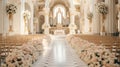 Wide angle picture of empty church decorated with flowers, prepared for wedding