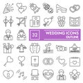 Wedding thin line icon set, love symbols collection, vector sketches, logo illustrations, marriage signs linear