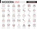 Wedding thin red black line icon vector illustration set for wedding ceremony and bridal party organization, linear