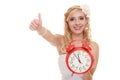 Wedding. Time to get married. Bride with alarm clock. Royalty Free Stock Photo