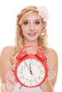 Wedding. Time to get married. Bride with alarm clock. Royalty Free Stock Photo