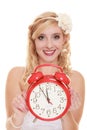 Wedding. Time to get married. Bride with alarm clock. Royalty Free Stock Photo