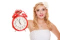 Wedding. Time to get married. Bride with alarm clock. Royalty Free Stock Photo