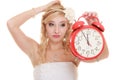 Wedding. Time to get married. Bride with alarm clock. Royalty Free Stock Photo