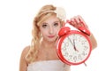 Wedding. Time to get married. Bride with alarm clock. Royalty Free Stock Photo