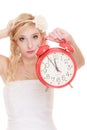 Wedding. Time to get married. Bride with alarm clock. Royalty Free Stock Photo