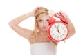 Wedding. Time to get married. Bride with alarm clock. Royalty Free Stock Photo