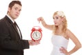 Wedding. Time to get married. Bride groom with clock. Royalty Free Stock Photo