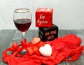 Red lingerie for valentines, active dice for play, red wine, Royalty Free Stock Photo