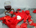 Red lingerie for valentines, active dice for play, red wine, Royalty Free Stock Photo