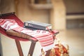 Wedding towel and bible on altar in an Orthodox church during the wedding sacrament Royalty Free Stock Photo