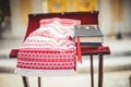 Wedding towel and bible on altar in an Orthodox church during the wedding sacrament Royalty Free Stock Photo