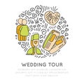 Wedding travel tour hand draw cartoon vector icon concept. Couple with hearts and champagne, travelling tickets with Royalty Free Stock Photo