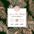 Wedding Tropical Palm Leaves Invitation Card, Save the Date Template with Golden Foil Design. Luxury Floral Tropic RSVP