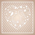 Wedding two birds among the flowers. Openwork square ornament with heart frame and birds. Laser cutting template.