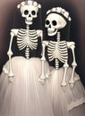 Wedding of two female skeletons dressed in gauze skirt. Bridesmaid skeleton.