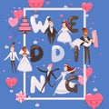 Wedding typographic poster, vector illustration. Happy newlywed couples, cartoon characters. Interracial marriage, bride