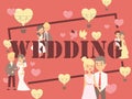 Wedding typography poster, vector illustration. Different newlywed couples, cartoon characters in flat style. Wedding