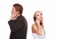 Wedding unhappy couple phone, relationship difficulties Royalty Free Stock Photo