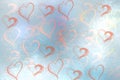 Wedding or valentine day card template. Abstract festive blur blue pink pastel background with pink and brown hearts love bokeh Royalty Free Stock Photo