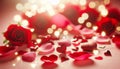 Wedding, valentine invitation of ROSE PETALS, hearts, bokeh lights, glitter effect, blurred spots