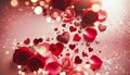 Wedding, valentine invitation of ROSE PETALS, hearts, bokeh lights, glitter effect, blurred spots