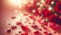 Wedding, valentine invitation of ROSE PETALS, hearts, bokeh lights, glitter effect, blurred spots Royalty Free Stock Photo