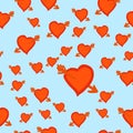 Wedding or Valentine`s Day romantic seamless pattern with hearts wounded by Cupid Arrow in square format for wallpaper