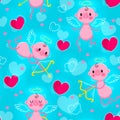 Wedding and Valentines Day day seamless texture with lovely cupids and hearts. Vector illustration