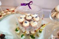 Wedding variety dessert cakes, sweet muffins with tasty buffet color decorated with whipped violet cream under the transparent cov