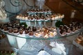 Wedding variety dessert cakes with tasty buffet color decorated with whipped cream, candy bar, sweet buffet on a glass tray