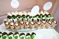 Wedding variety dessert cakes with tasty buffet color decorated with whipped cream and green cherries, candy bar, sweet buffet