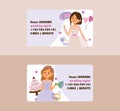Wedding vector business card bridesmaid woman character in wedding dress wearing bridal dressing accessories