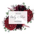 Wedding vector Floral invite, invitation save the date card vector design: garden marsala red rose flower, burgundy wine