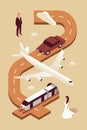 Wedding, vector isometric illustration, 3d icon set, brown background, invitation: man, car, plane, train, woman, road, cloud