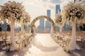 Wedding venue with flower arch at at rooftop terrace with city view
