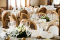 Wedding venue interior with banquet tables Royalty Free Stock Photo