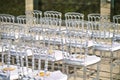 Wedding venue setup, the ghost chairs is trendy and popular use for beach wedding Royalty Free Stock Photo