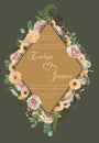 Wedding vertical floral invitation, invite card. Vector watercolor set pink rose flowers, eustoma cream, brunia, green fern,