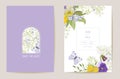 Wedding violet pansy floral Save the Date set. Vector purple spring flowers boho invitation card