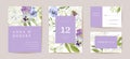 Wedding violet pansy floral Save the Date set. Vector purple spring flowers boho invitation card Royalty Free Stock Photo