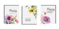 Wedding violet pansy floral Save the Date set. Vector purple spring flowers boho invitation card. Watercolor template Royalty Free Stock Photo