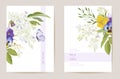 Wedding violet pansy floral Save the Date set. Vector spring flower boho invitation card. Watercolor template frame Royalty Free Stock Photo