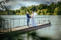 Wedding walk on the bridge Royalty Free Stock Photo