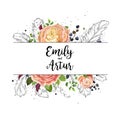 Wedding watercolor boho invitation card design: pink floral garden rose Ranunculus flower green leaf, hand drawn line feathers &