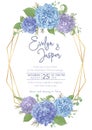 Wedding, watercolor flower card.Leaves, blooming branches eucalyptus, gaultheria, salal, chamaelaucium, seasonal fern.Blue, purple