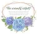 Wedding, watercolor flower card.Leaves, blooming branches eucalyptus, gaultheria, salal, chamaelaucium, seasonal fern.Blue, purple