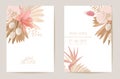 Wedding watercolor orchid flowers Invitation, dry tropical palm leaves card, dried pampas grass template